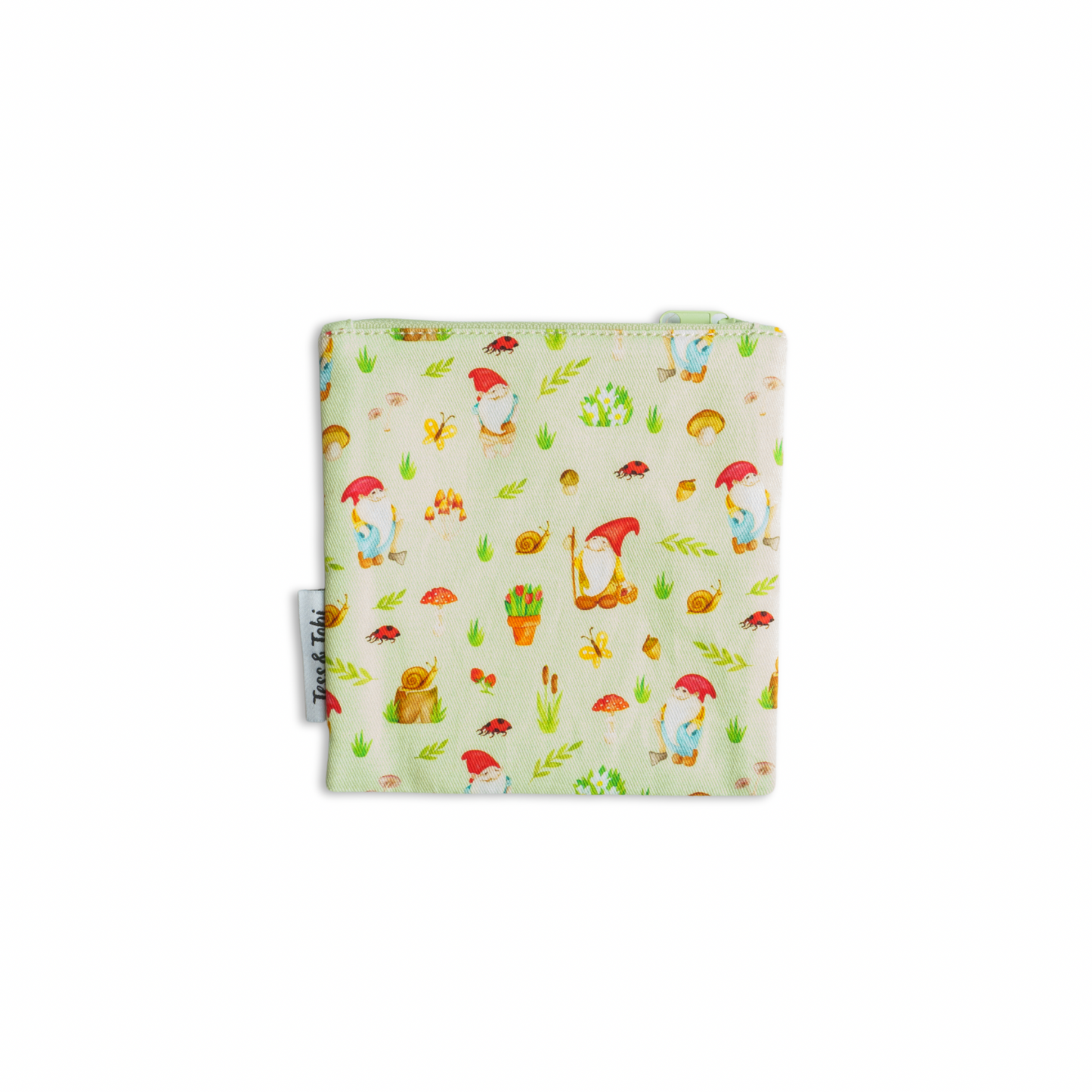 Washable snack bag | light green with gnomes | 14x14cm 